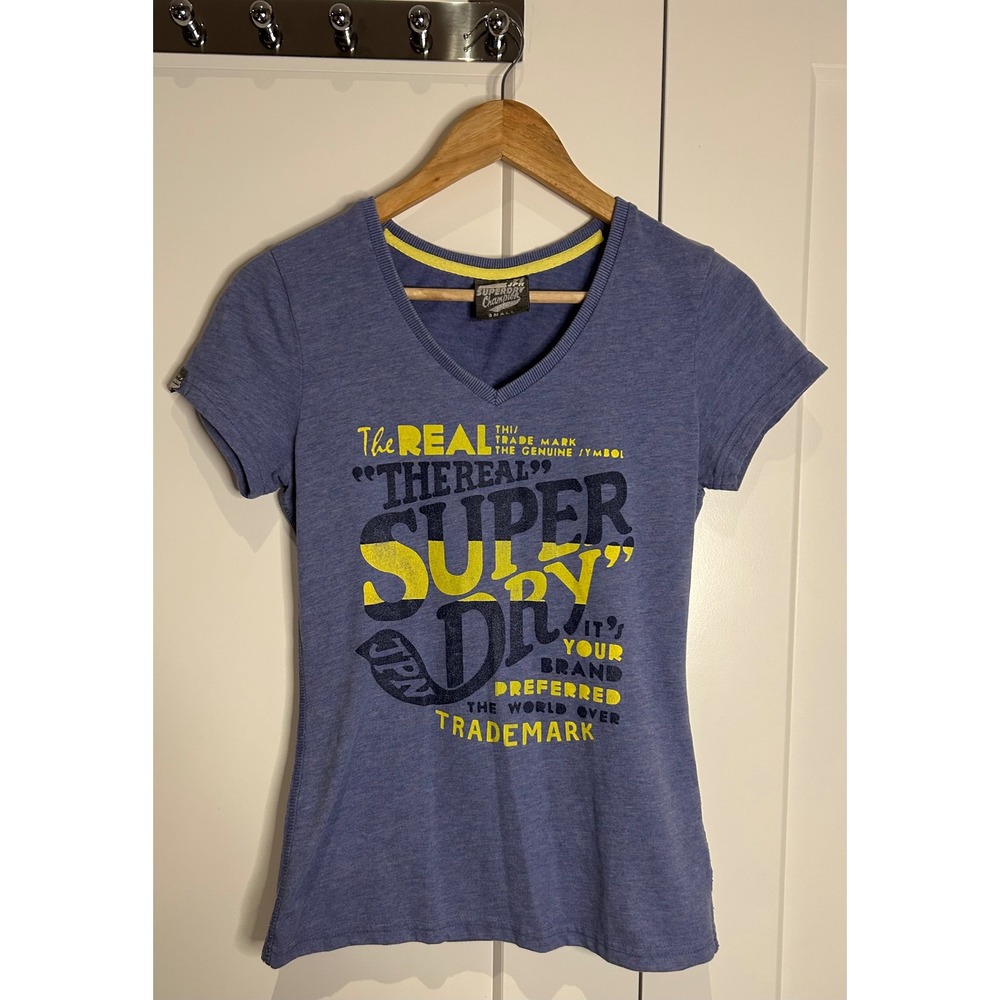 Superdry Champion JPN Graphic V-Neck T-Shirt Blue Heather Womens Small Slim Fit